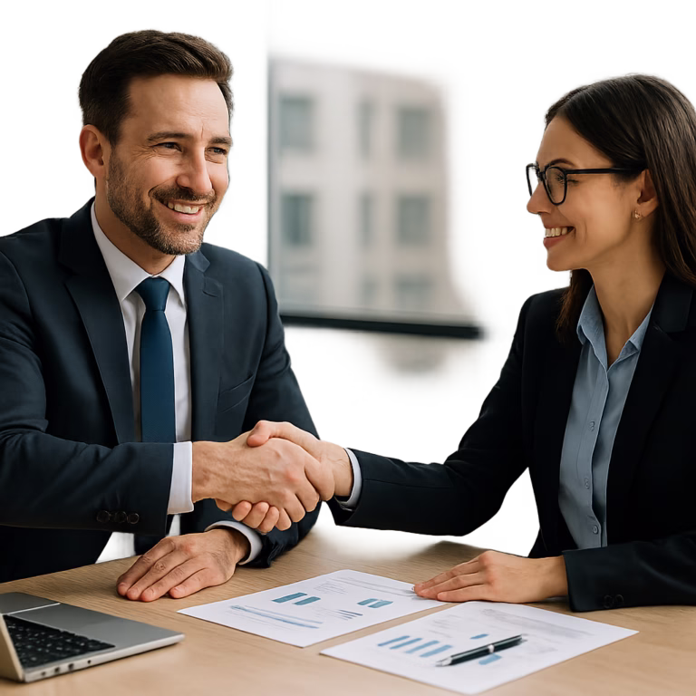 Dos personas cerrando un acuerdo beneficioso con técnicas de negociación win-win