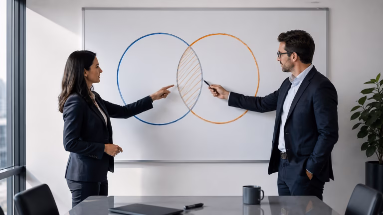 Dos profesionales señalando diagrama de Venn que representa la zona de acuerdo ZOPA en negociación