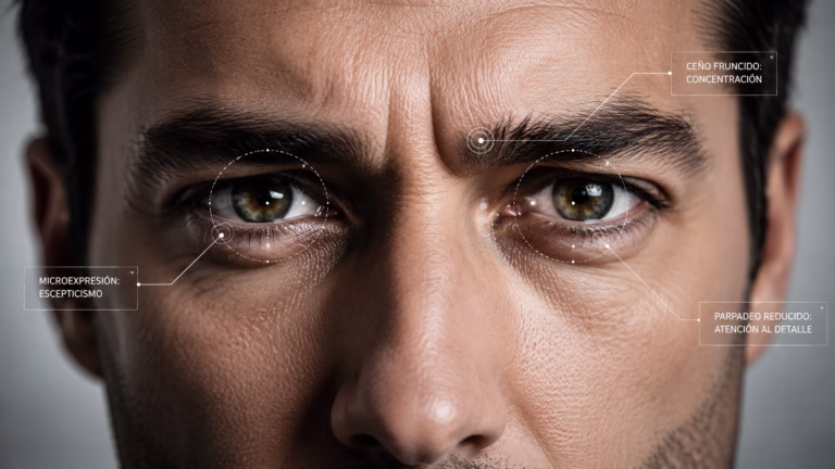 Primer plano de ojos de un negociador con etiquetas analíticas que identifican microexpresiones: ceño fruncido, escepticismo y parpadeo reducido