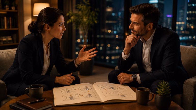 Dos profesionales analizando técnicas de storytelling con ilustraciones narrativas en negociación