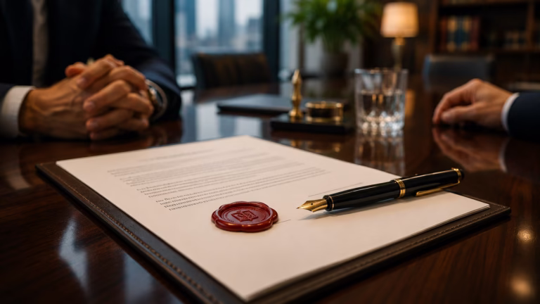 Documento de acuerdo de confidencialidad con lacre de cera y pluma estilográfica sobre mesa