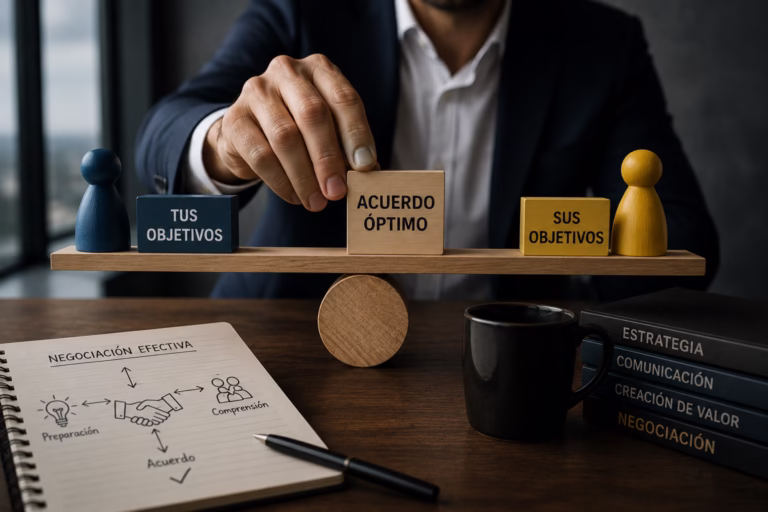 Balanza equilibrada con 'Tus objetivos' y 'Sus objetivos' convergiendo en el acuerdo óptimo, con libreta de preparación de negociación y libros de estrategia