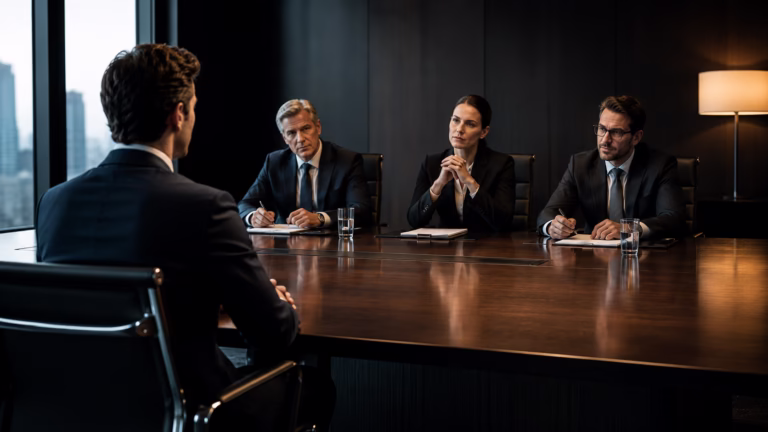Profesional solo frente a grupo de tres ejecutivos en sala de reuniones corporativa, negociando en desventaja