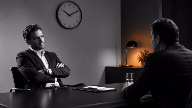Dos directivos en negociación, uno en silencio estratégico mirando al otro con reloj al fondo
