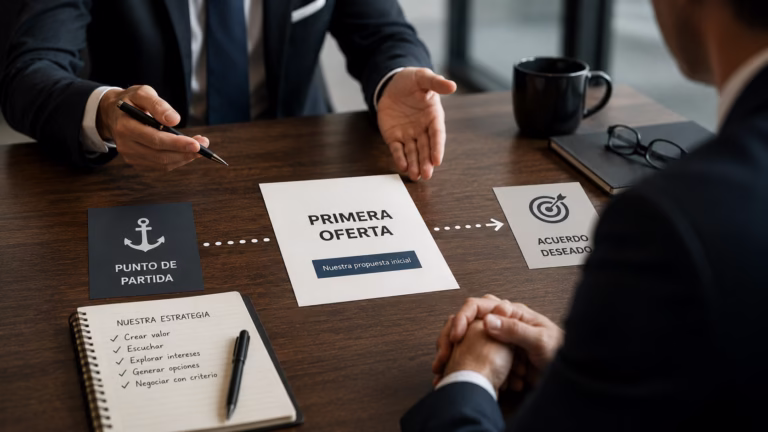 Mesa de negociación con tarjetas que muestran el flujo estratégico: punto de partida, primera oferta como ancla y acuerdo deseado