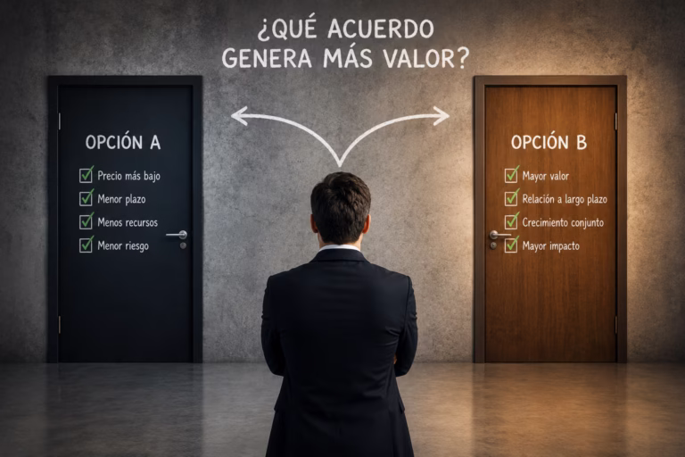 Directivo eligiendo entre dos estrategias de negociación: opción A de menor riesgo y precio bajo, o opción B de mayor valor y relación a largo plazo