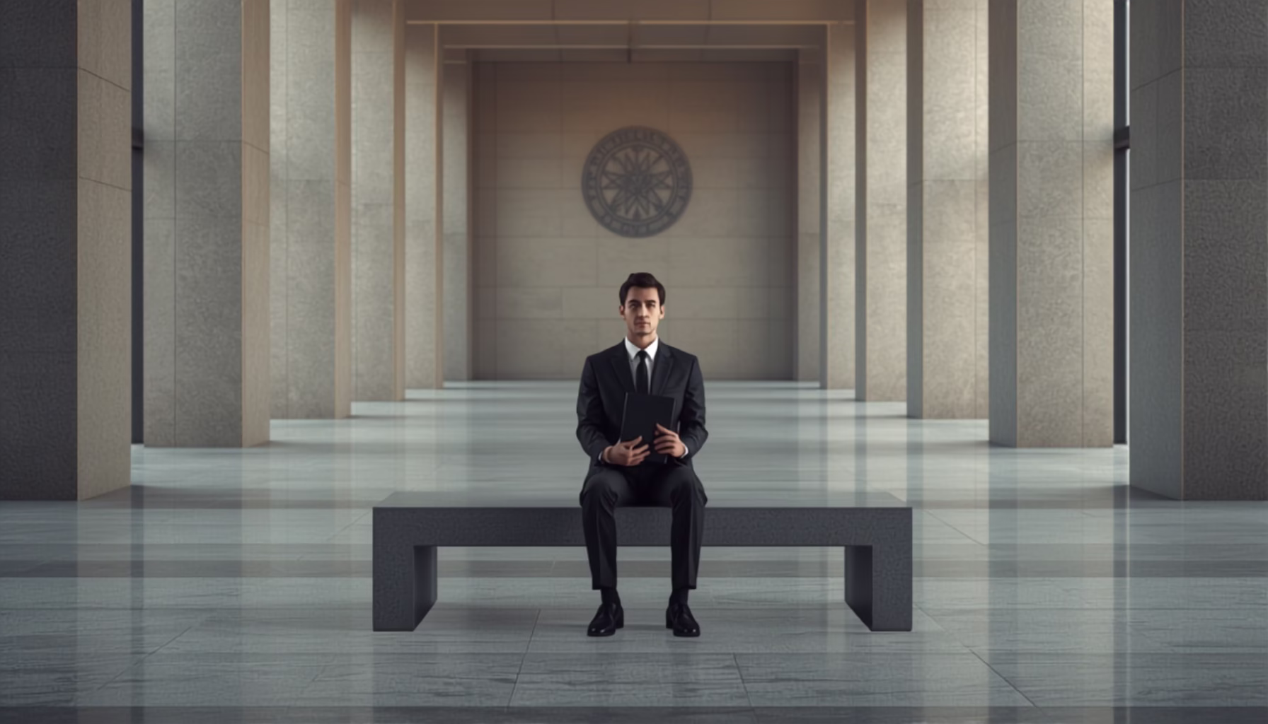 Empresario esperando en pasillo institucional de edificio de administración pública española con carpeta